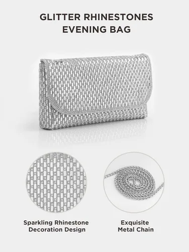 Vista 4 de Bolso de mano con diamantes de imitación con purpurina, bolsa de hombro formal para mujer, boda, cóctel, fiesta, graduación, caja de regalo