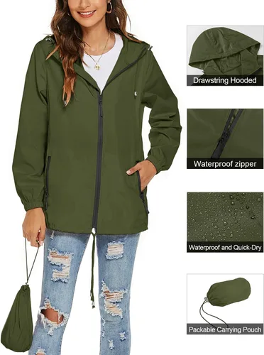 Vista 2 de Avoogue Chaqueta impermeable para mujer, ligera, transpirable, con capucha, rompevientos activos con bolsillo