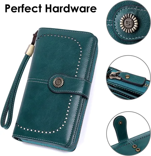 Vista 4 de KELEEL Carteras para mujer, de piel sintética, con bloqueo RFID, gran capacidad, tarjetero para mujer, cartera con pulsera, Marrón clásico, Classic
