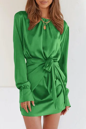 Vista 3 de PRETTYGARDEN Vestido de satén de primavera 2023 para mujer, de manga larga, con lazo en la cintura, elegante, para cóctel, fiesta