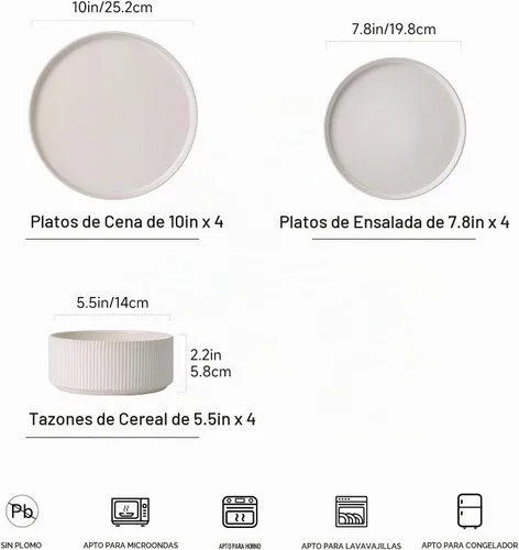 Vista 2 de Juego de vajilla para 4, juego de platos y tazones de cerámica de 12 piezas, resistente a astillamientos y arañazos, apto para microondas y Blanco