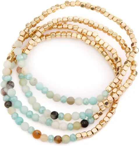 Vista 3 de RIAH FASHION Delicadas pulseras bohemias con cuentas multicapa versátiles, apilables y elásticas, de cristal brillante, piedra natural, dije de borla