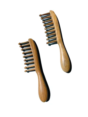 Vista 3 de Peine de masaje meridiano de nueve dientes de sándalo verde para el crecimiento del cabello, masaje del cuero cabelludo, cuidado facial y relajación