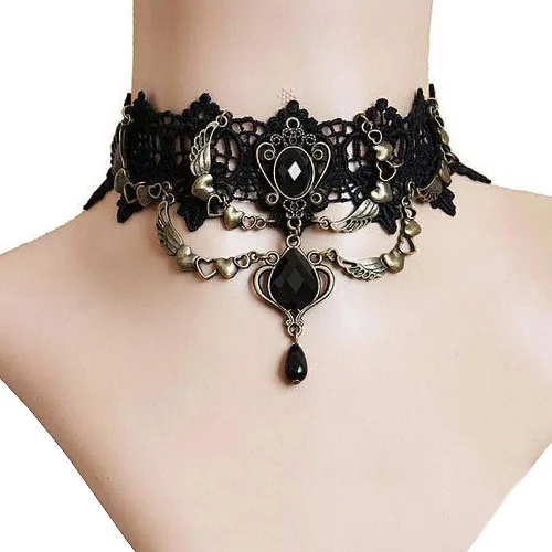 Vista 4 de Gargantilla negra de encaje con pulsera, estilo punk, gótico, vintage, hecha a mano, estilo 2, Piedra