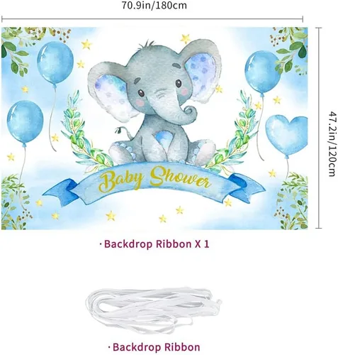 Vista 4 de Telón de fondo de elefante de acuarela azul para baby shower, elefante, hojas verdes, globo de fotografía, elefante, baby shower, decoración