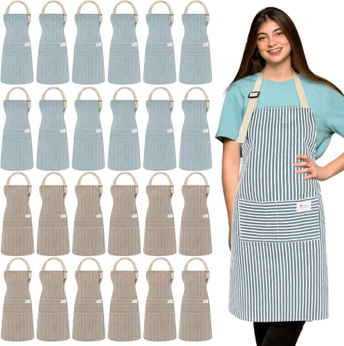 Vista 13 de Janmercy 24 delantales para mujeres y hombres con 2 bolsillos, delantal de cocina de lino, delantal ajustable para chef, delantales a granel unisex