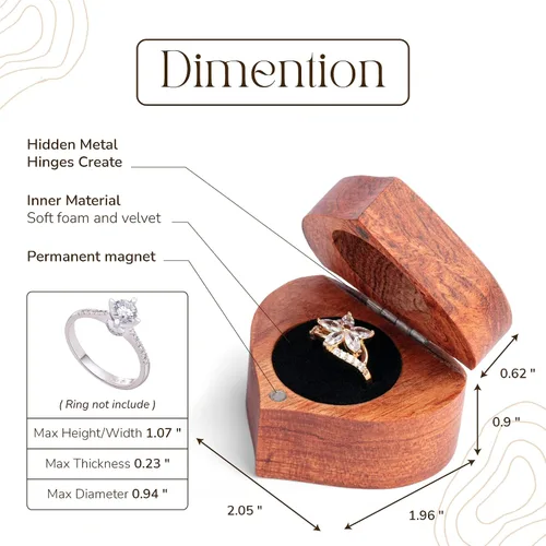 Vista 4 de MONYCraft Caja de anillo con forma de corazón Caja de madera hecha a mano para propuesta, caja de anillo de compromiso de madera, caja de anillo