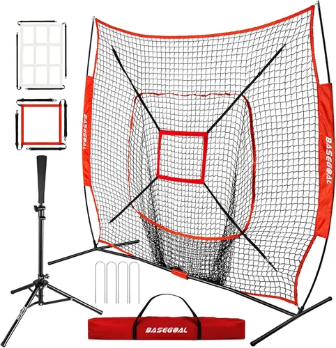 Vista 14 de BaseGoal Red de práctica de sóftbol de béisbol de 7 x 7 pies, respaldo de béisbol, con camiseta de bateo, para golpear lanzar, batear, atrapar