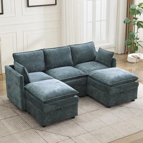 Vista 48 de Otomana cuadrada grande de 27 pulgadas con almacenamiento, reposapiés tapizado moderno con patas antideslizantes para sofá, mesa de café, sala