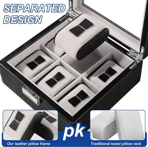 Vista 4 de BareTulip Caja organizadora de reloj para hombre, caja de reloj con 6 ranuras, caja de reloj de piel sintética con ventana de vidrio y cerradura