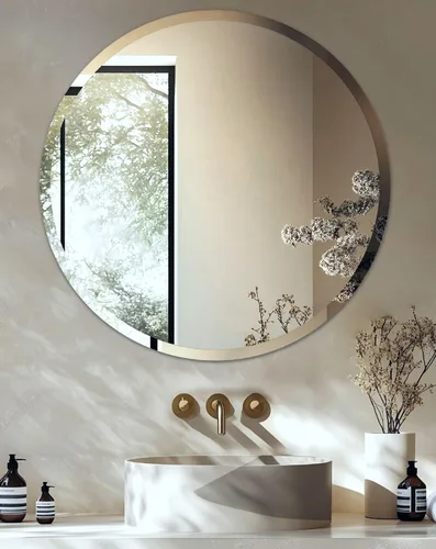Vista 23 de Espejo de pared ovalado sin marco: Espejo decorativo elíptico de vidrio espejado para tocador con borde plateado biselado para baño, dormitorio