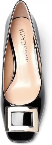 Vista 3 de WAYDERNS Zapatos de vestir de noche de tacón bajo con hebilla de metal dorado y puntera cuadrada para mujer, zapatos de vestir de noche de 2 pulgadas
