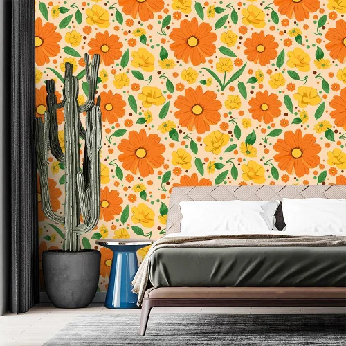 Vista 4 de Papel Tapiz Floral Vintage Despegar y Pegar Amarillo Flores Brillantes Autoadhesivo Removible Papel Tapiz Calcomanías de Pared para Hogar Dormitorio
