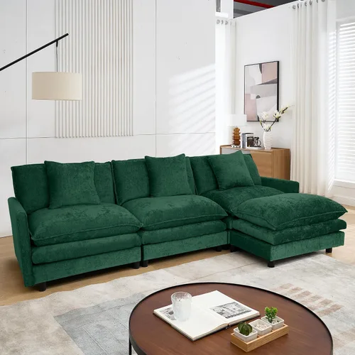 Vista 17 de Sofá modular modular de pana de 108.27 pulgadas, moderno juego de sofá para sala de estar con 3 asientos, 1 otomana y 3 almohadas, cómodos sofás