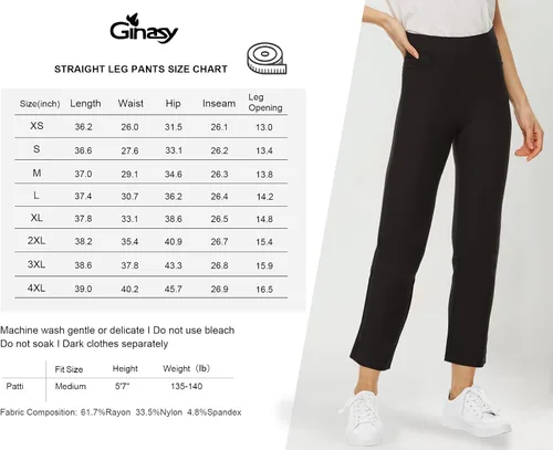 Vista 4 de Ginasy Pantalones de vestir negros para mujer, de negocios, casuales, de cintura alta, elásticos, para el trabajo, pierna recta, pantalones