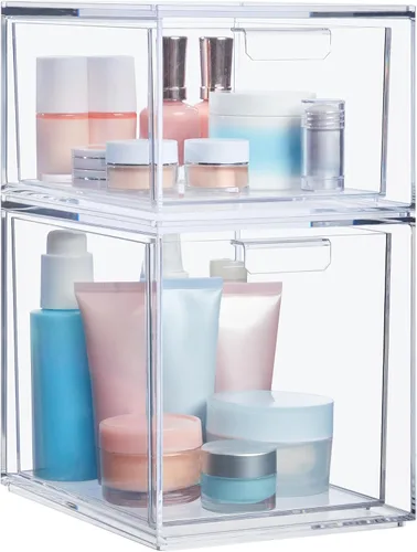 Vista 10 de STORi Audrey - Cajones organizadores apilables de plástico transparente Juego de 2 piezas Organiza cosméticos y suministros de belleza en un