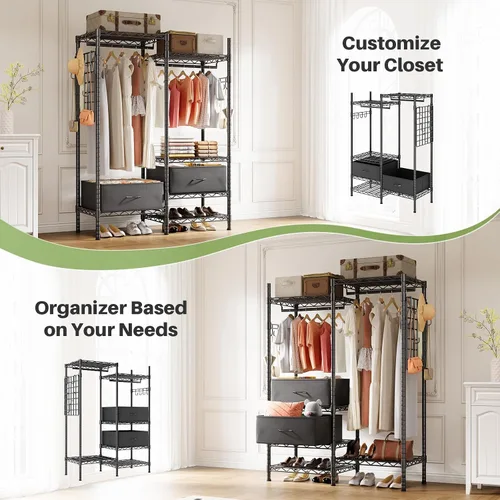 Vista 6 de HOKEEPER Perchero de ropa resistente para colgar ropa, cargas de 1200 libras, armarios portátiles ajustable con cajones desmontables, tablero