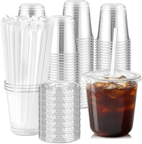 Vista 10 de Juego de 50 tazas de café de plástico transparente de 12 onzas con tapas y pajitas