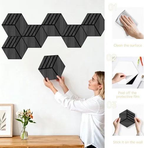 Vista 6 de Mollywell Paneles acústicos, grano de madera de PVC, azulejos de pared tallados en hexágono a prueba de sonido, fieltro autoadhesivo de alta