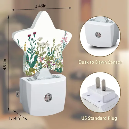Vista 6 de Luces nocturnas de flores silvestres de hierbas, lámpara de pared enchufable, sensor inteligente del atardecer al amanecer para decoración