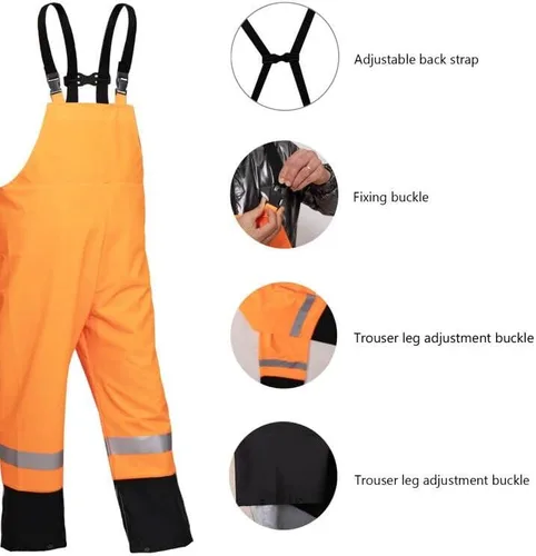 Vista 6 de HAOKAISEN Traje de lluvia para hombre, resistente al agua, alta visibilidad, reflectante, chaqueta de lluvia con pantalones de babero