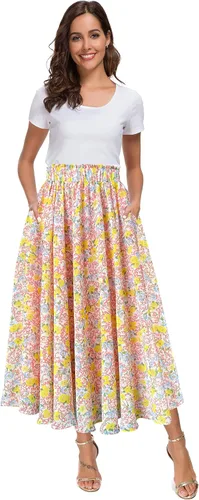 Vista 11 de Afibi Falda de gasa con estampado floral de cintura alta para mujer, estilo swing, de playa, midi, larga con bolsillos Negro