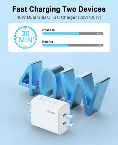 Vista 4 de Paquete de 2 adaptadores de corriente de 40 W USB C con puerto USB-C dual Phone Charger with Fast Charging Capability, Type C Wall Charger for