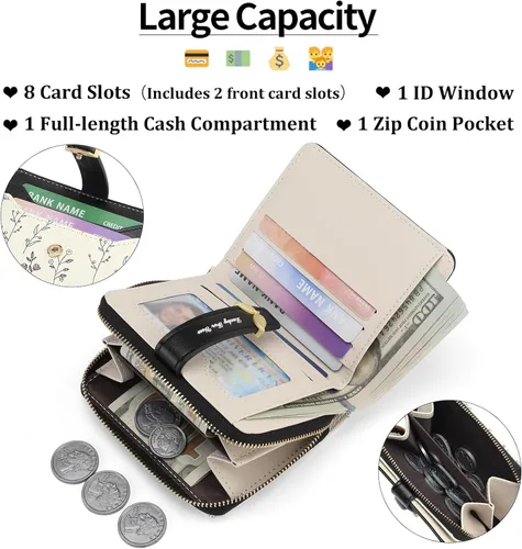 Vista 2 de GAEKEAO - Billetera pequeña para mujer con bloqueo RFID, de cuero vegano, plegable, con estampado floral, monedero con bolsillo con cremallera