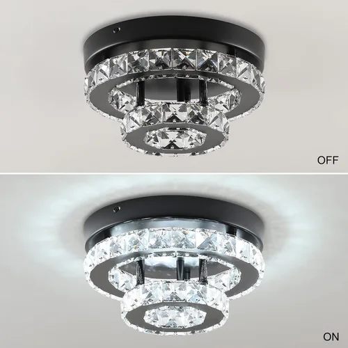 Vista 5 de Lámpara de araña de cristal moderna de 9.8 pulgadas con montaje empotrado al techo, mini lámpara de araña negra con iluminación LED para dormitorio