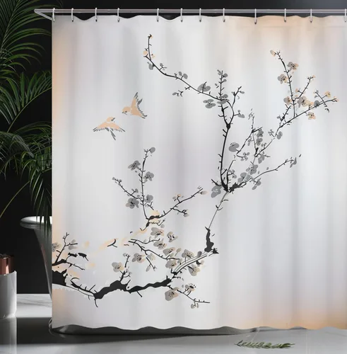 Vista 3 de Ambesonne Cortina de ducha natural, flores pájaros con diseño de cerezo asiático, juego de tela con ganchos para decoración de baño, artículos