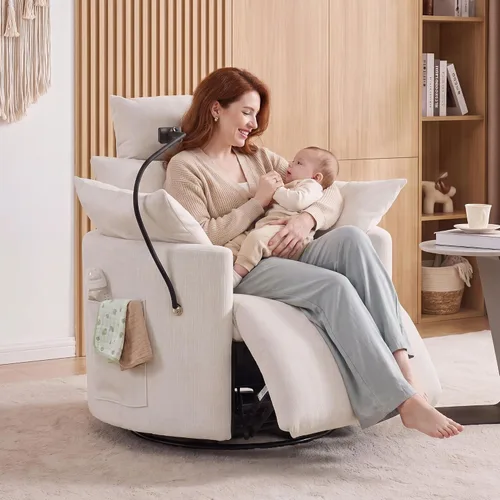 Vista 12 de FOXHUNTER Mecedora mecedora Power Glider, mecedora giratoria de 360°, con puerto de carga USB y soporte para teléfono, reposapiés, para sala