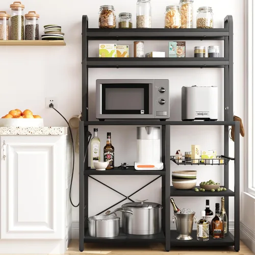 Vista 3 de Amyove Estante para panaderos con toma de corriente, barra de café con cajón de alambre, soporte para microondas, mesa de cocina con gran Negro