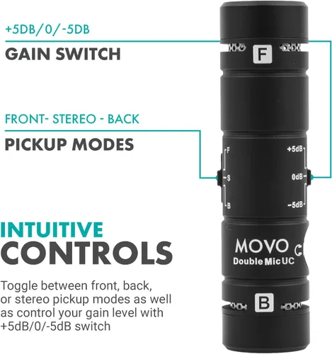 Vista 5 de Movo DoubleMic-UC - Micrófono de teléfono de doble cápsula para dispositivos USB-C, condensador cardioide de dos caras, micrófono de escopeta