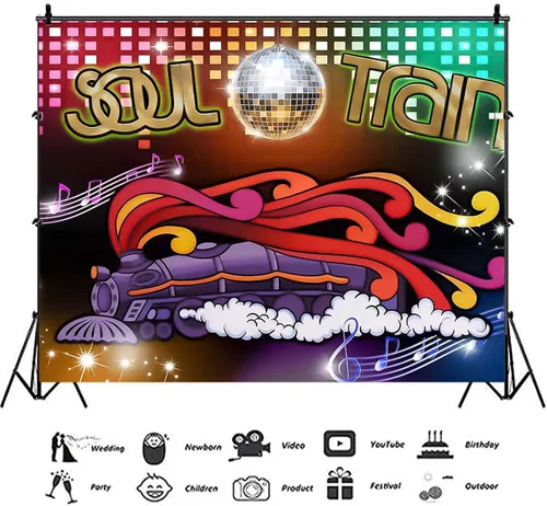 Vista 3 de XLL Tren del alma de los años 70 y 80, fondo de fotos con temática de neón brillante, 7 x 5 pies, canto, baile antiguo, discoteca, baile