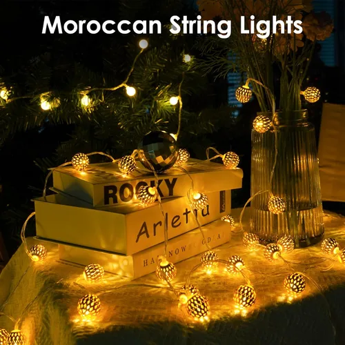 Vista 3 de LORRYTE Luces de Navidad marroquíes para exteriores operadas por batería, 60 LED de 36 pies, luces de globo de hadas con 8 modos de iluminación