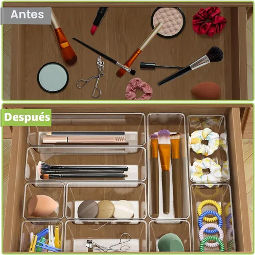 Vista 2 de Juego de organizador de cajones transparentes de 12 piezas, 3 tamaños, bandejas organizadoras de tocador de baño y contenedores de almacenamiento