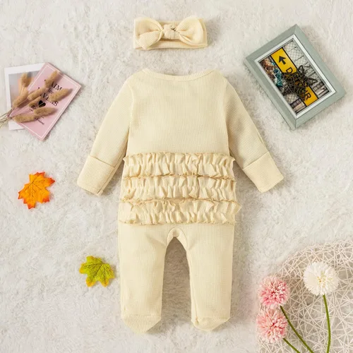Vista 3 de YINGISFITM Traje para recién nacido, para niña y niño, con cremallera y volantes, overol de punto gofre, mameluco de punto gofre, ropa de hospital