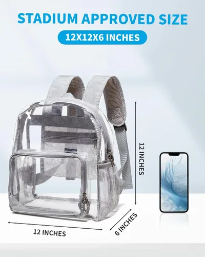 Vista 2 de Vorspack Mini mochila transparente – Mochila pequeña transparente aprobada para estadios de 12 x 12 x 6 pulgadas para mujer, Gris, Classic