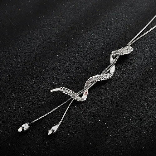 Vista 6 de Wiwpar Collar largo con colgante de perla de serpiente para mujer, suéter de diamantes de imitación de cristal, collar de cadena larga, ajustable