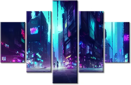 Vista 65 de Cuadros de 5 paneles de Cyberpunk City, arte de pared, representación de vallas publicitarias, edificios modernos en la capital con obras de arte