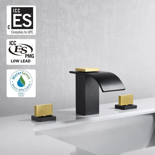 Vista 2 de SUMERAIN Grifo de Baño de 8" Generalizado de 3 Agujeros con Cascada, Grifo de Lavabo en Acabado Negro y Dorado
