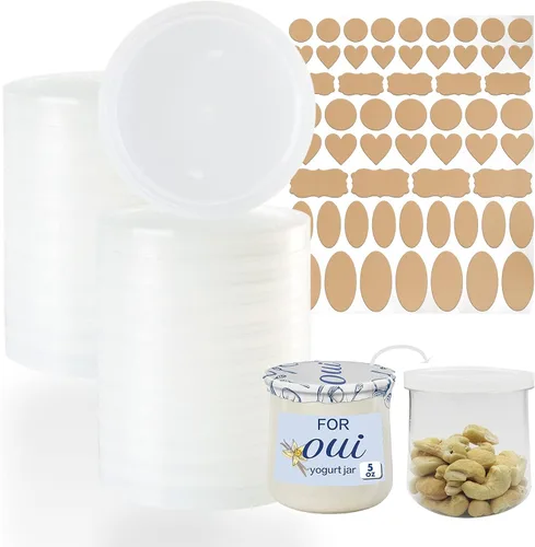 Vista 8 de Tapas para tarros de yogur compatibles con Oui, con etiquetas, plástico transparente, paquete de 12 12+1