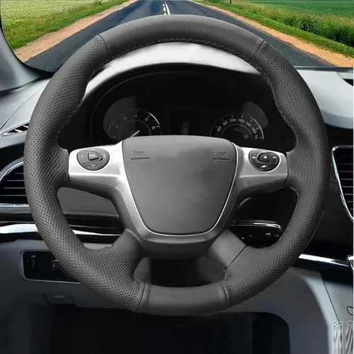 Vista 2 de Loncky - Funda negra para volante de piel auténtica para Ford Escape 2013, 2014, 2015, 2016, Ford Focus 2012, 2013, 2014, 2016, Ford C-Max 2013