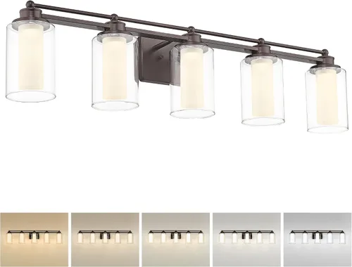 Vista 10 de HWH - Lámpara de tocador cromada con 5 luces sobre espejo, lámpara de pared moderna para baño, 37 pulgadas, acabado cromado, 5HLT63B-5W CH