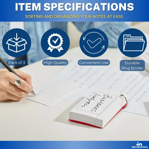 Vista 7 de 1InTheOffice Tarjetas de índice con anillo de 3 x 5, tarjetas flash con anillo de carpeta, tarjetas de notas perforadas de un solo agujero, 65