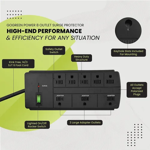 Vista 4 de Power by GoGreen - Protector de sobretensiones de 8 tomas, cable de 6 pies, color negro (GG-18316BK)