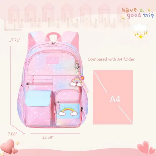 Vista 2 de Mochila infantil con diseño de arcoíris degradado para niñas, escuela primaria, con estampado de corazón, mochila escolar con compartimentos