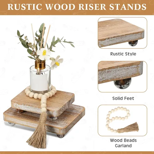 Vista 4 de Capoda 3 piezas de elevadores de madera para decoración, mini soportes de pedestal de madera con guirnalda de cuentas de madera, decoración rústica