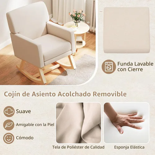 Vista 6 de Giantex Mecedora tapizada, mecedora de guardería con respaldo ampliado, funda de cojín lavable a máquina, marco de madera de goma maciza, silla