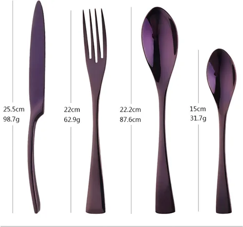 Vista 6 de Juego de cubiertos negros para 6, juego de cubiertos de 24 piezas, incluye cuchillo, tenedor/cuchara, reutilizable, juego de cubiertos de acero